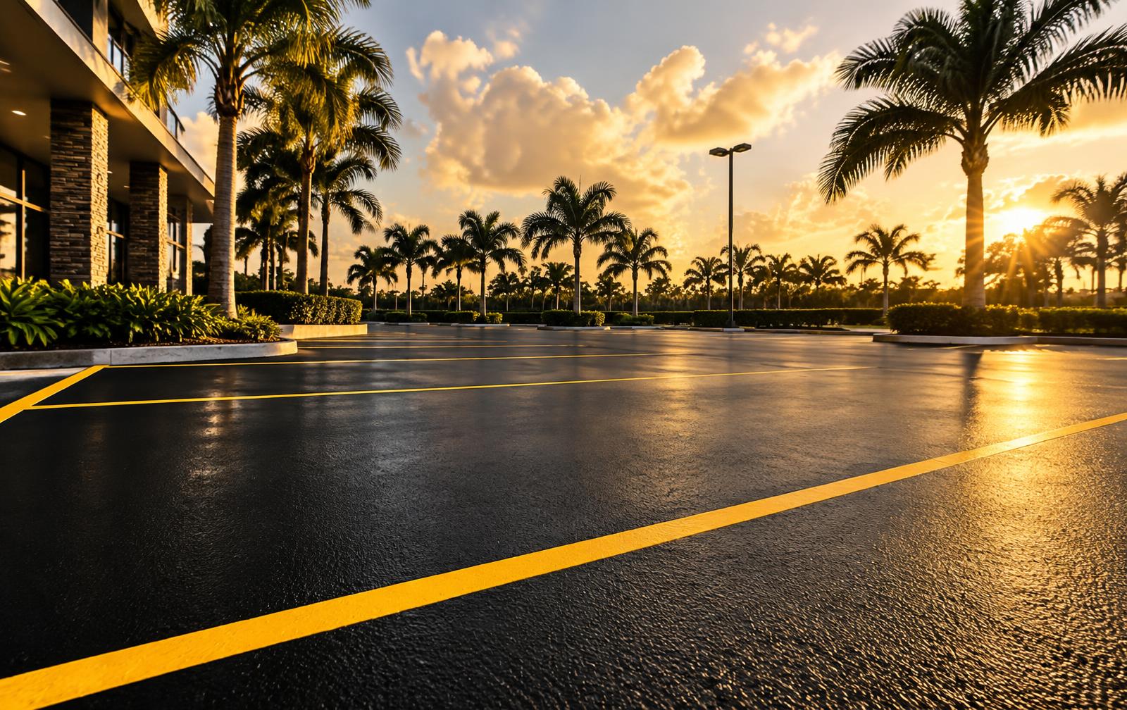 Freshly sealcoated parking lot with yellow striping